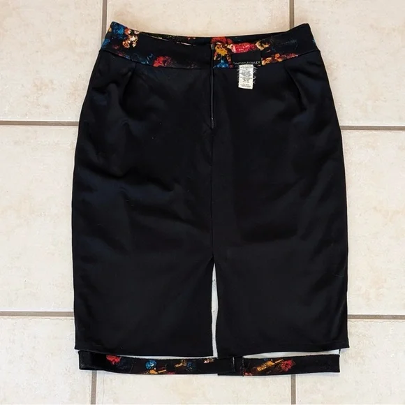Size 10 Lined Floral Cynthia Rowley Black Pencil Skirt Maximalist Whimsical - Picture 10 of 12